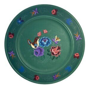 Wood Tray Plate With Floral & Bird Design Hand Painted Green 14" Unfinished